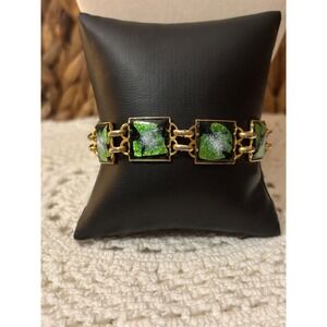 Vintage Gold Tone Green Black Foil Art Glass Square Link Bracelet Safety Chain
